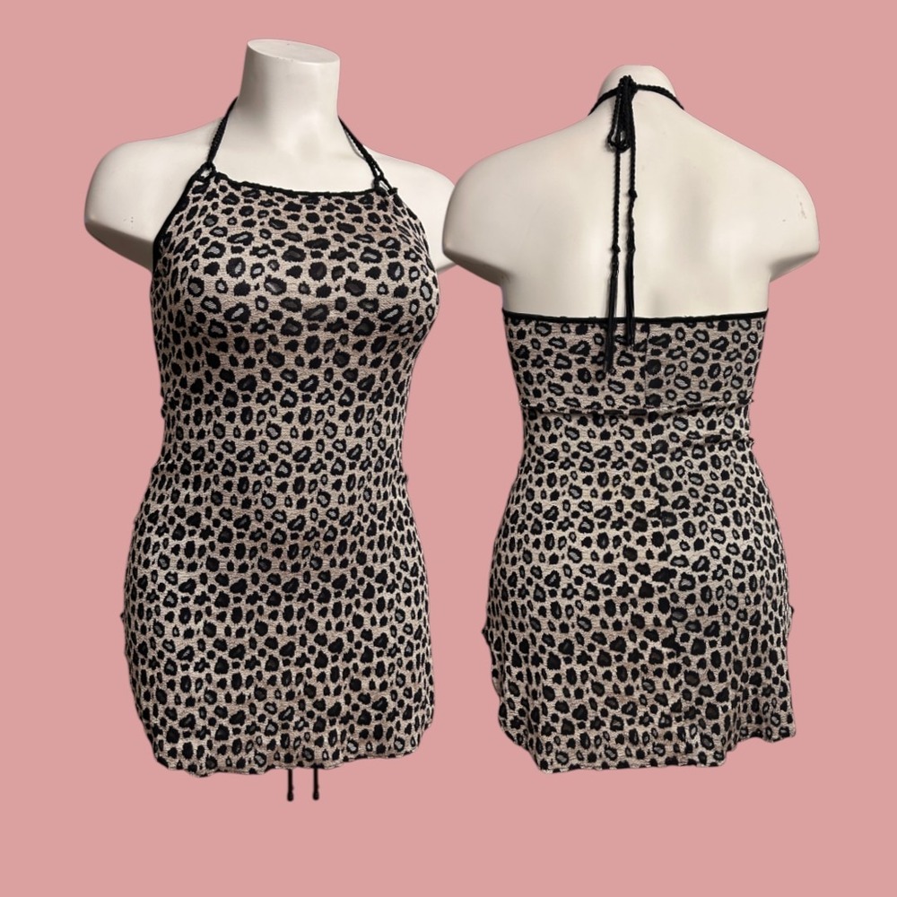 Vintage Leopard Halter Mini Dress Sexy Lace XLARGE Nightdress Upcycled lingerie